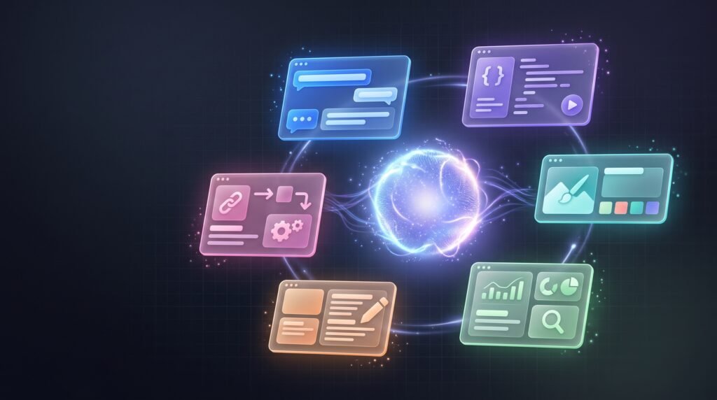 Abstract illustration representing multiple AI tools and interfaces connected around a central AI assistant, symbolizing the best AI tools of 2026