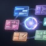 Abstract illustration representing multiple AI tools and interfaces connected around a central AI assistant, symbolizing the best AI tools of 2026
