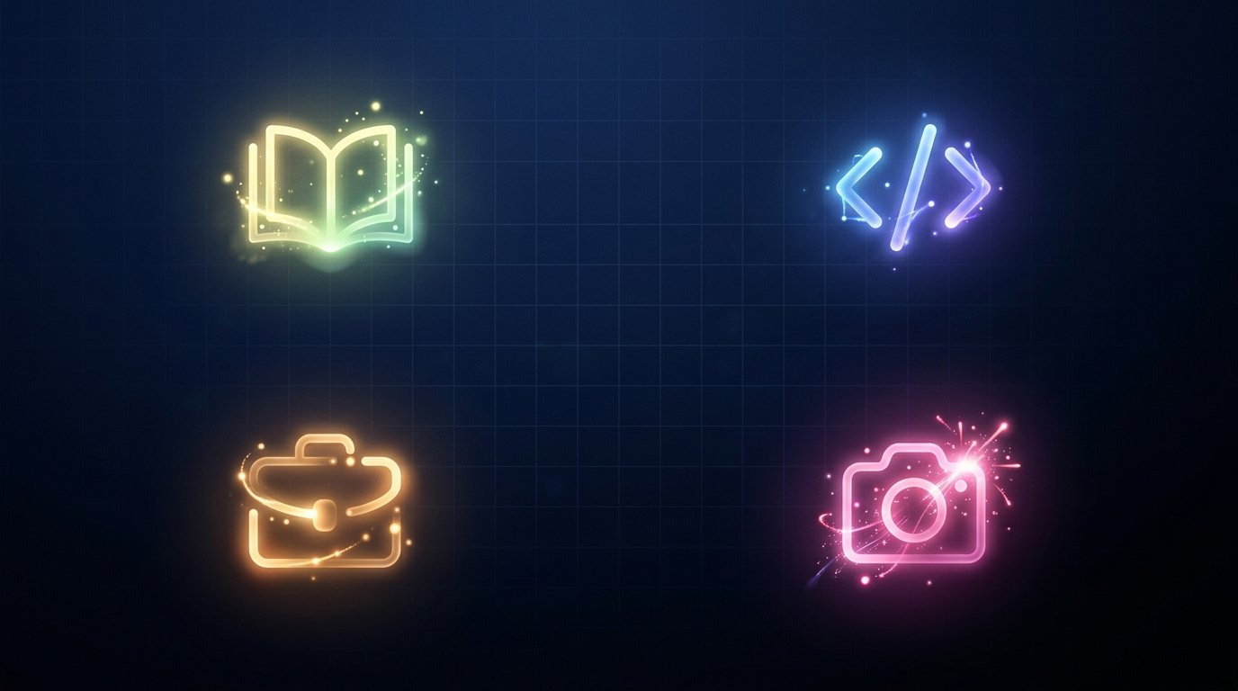 Abstract illustration representing different use cases for AI tools such as students, developers, and businesses